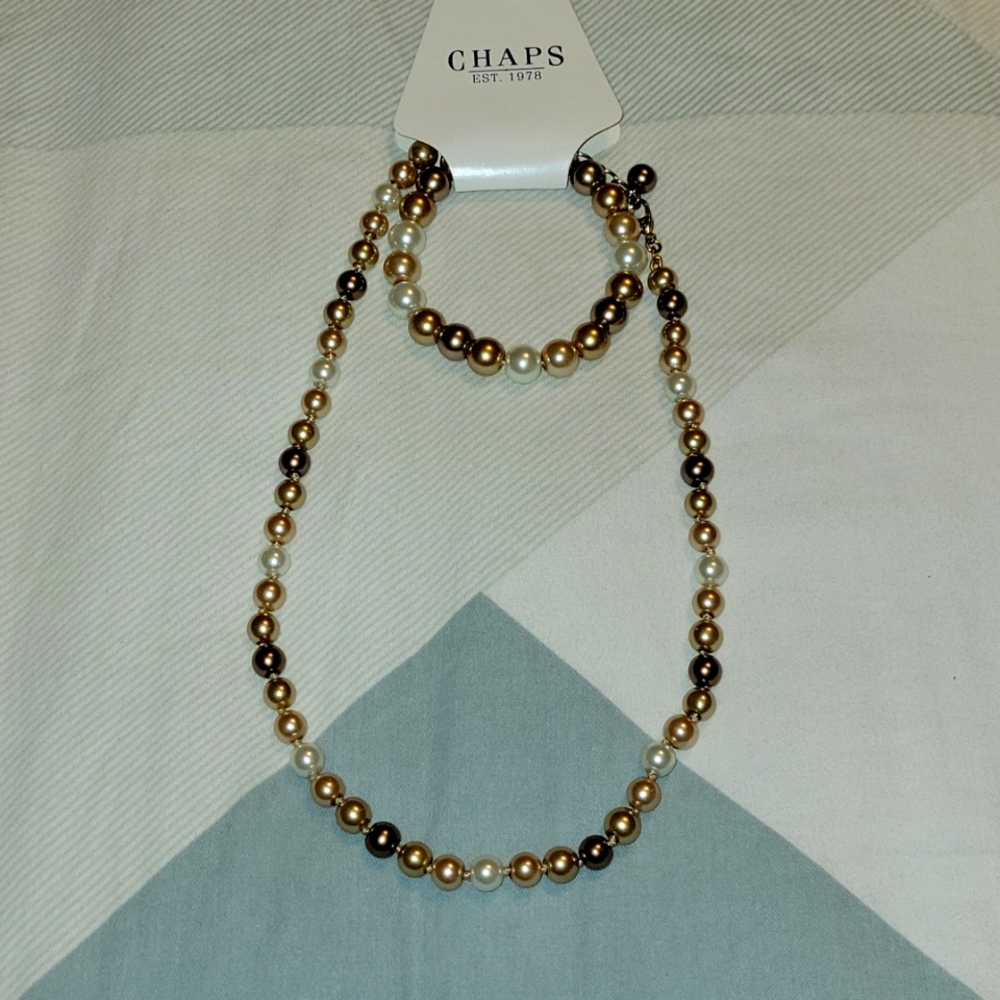 COPY - NWT! Brown/Gold tones Faux Pearl Necklace w/ Bracelet Set